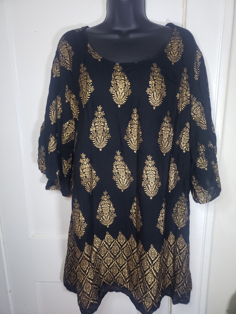 Lapogee Womens 3XL Tunic Top Black Gold Metallic Damask Print Rayon Blouse Shirt